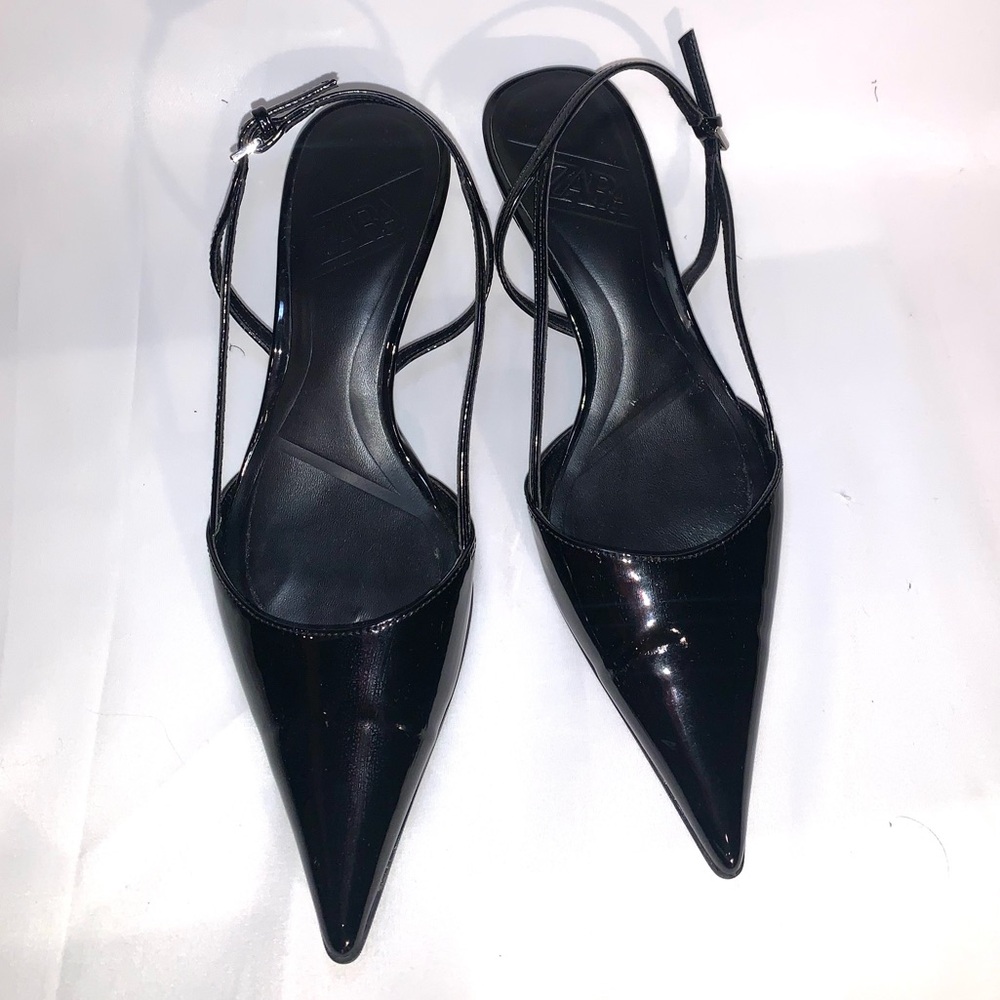 Zara Black Pointed Toe Kitten Heels Slingback
